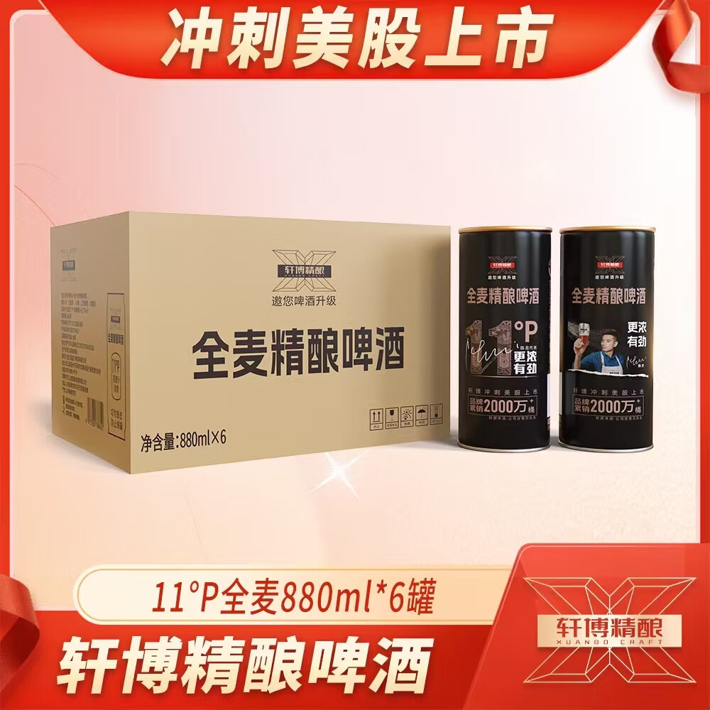 轩博精酿啤酒 小麦白整箱装 春日畅享 小麦原浆啤酒  880mL 6桶