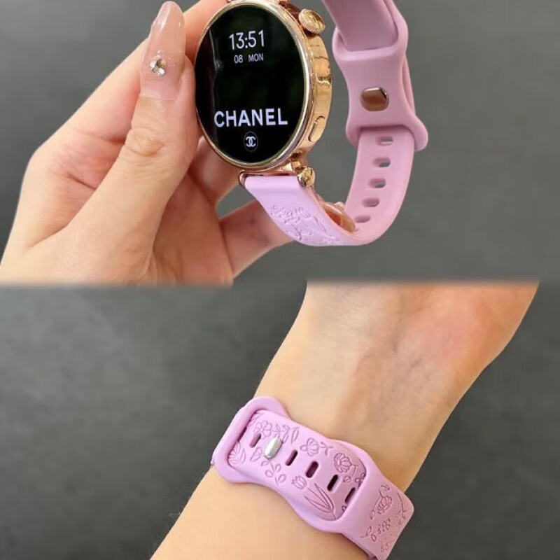 适用华为watch5表带新款浮雕花朵GT5女士夏季透气硅胶高级感表带 灰色 华为Watch5 42mm