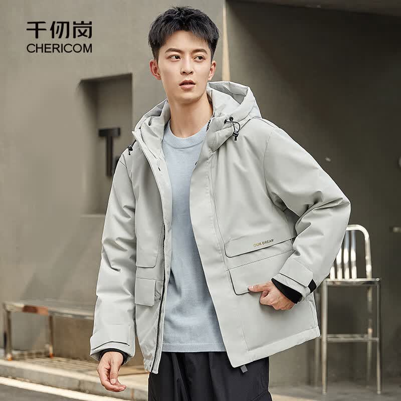 千仞岗秋冬季工装夹克羽绒服男士休闲运动连帽上衣简约防寒服保暖外套 魔力黑 L (170)