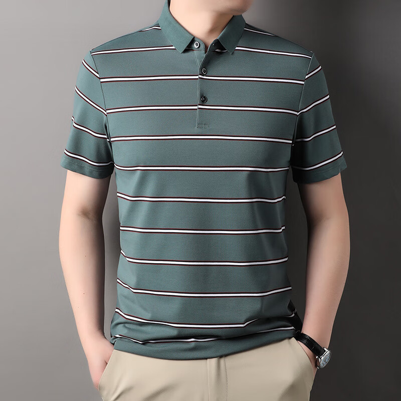 翻领夏季短袖POLO衫男士新款翻领2025新款条纹商务休闲男装 绿色 M