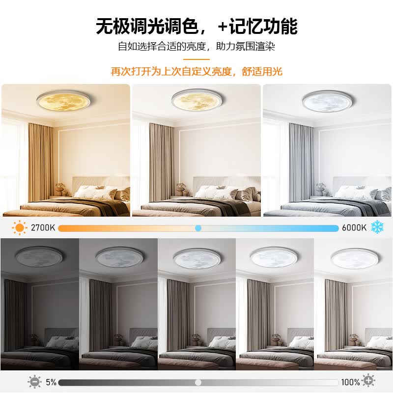 RIGHTWAY卧室灯led吸顶灯儿童房间灯卧室灯具主卧灯护眼智能带遥控2026款 【常规款】月球主灯+背面夜灯-40cm(15㎡) 10-20㎡