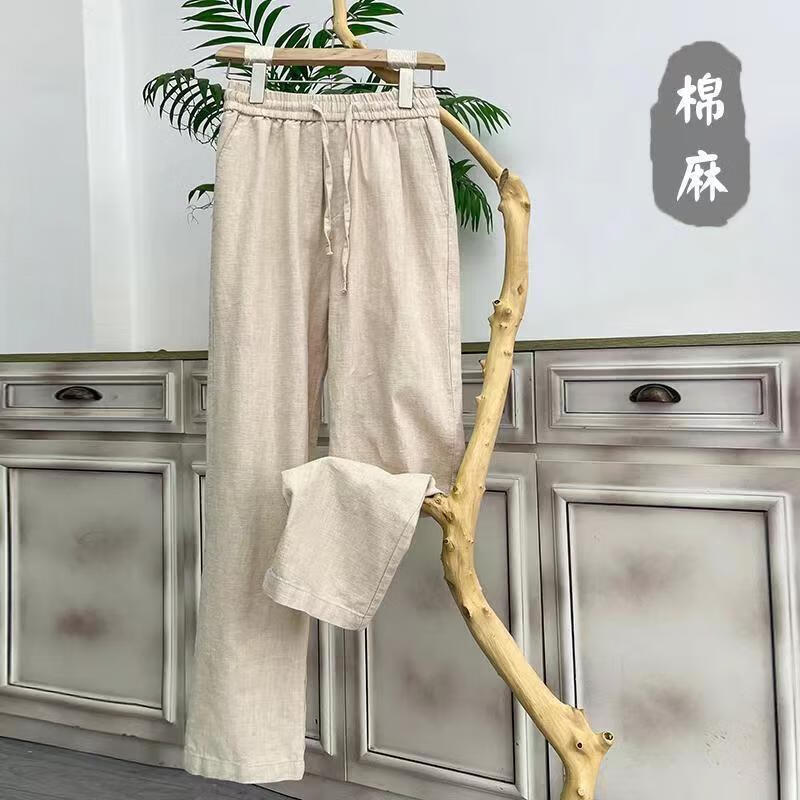 凡客誠品100純亞麻褲男士夏季薄款松緊腰系帶休閑褲透氣百搭柔軟麻料長褲 麻本色-麻料虧本處理剩5件 XL 建議125-140斤