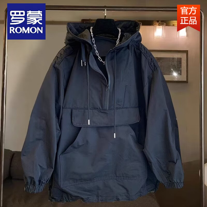 羅蒙（ROMON）美式機(jī)能風(fēng)半拉鏈套頭沖鋒衛(wèi)衣男防風(fēng)防水情侶外套春秋款工裝夾克 黑色 S
