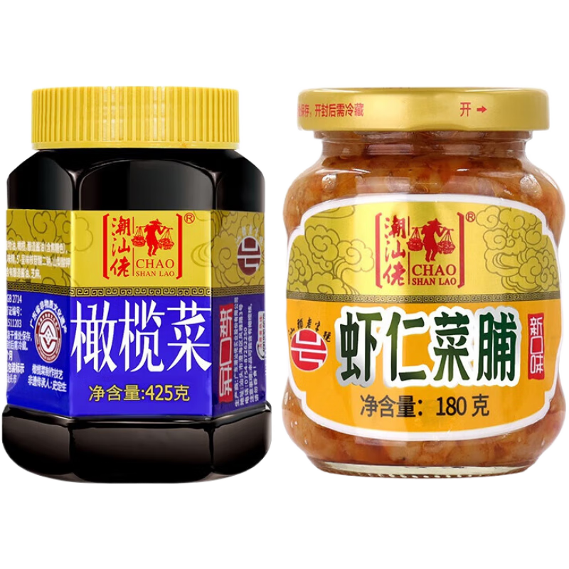潮汕佬潮汕特產(chǎn)正宗橄欖菜大瓶裝開(kāi)味咸菜配粥下飯菜汕頭老牌醬菜 425g橄欖菜+180g蝦仁菜脯各1瓶【