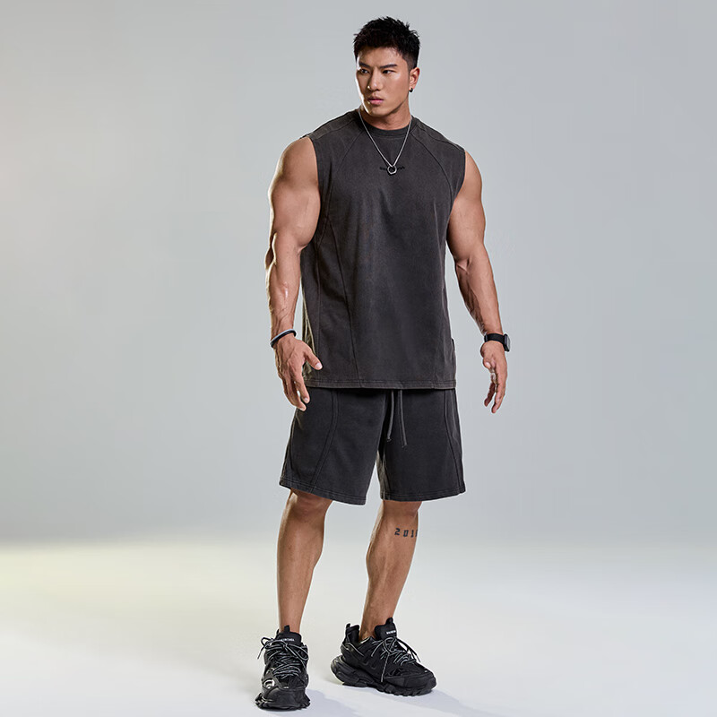 MUSCLE DOG肌肉狗 洗水复古运动短裤男夏季做旧宽松直筒休闲训练五分裤 军绿色 XL