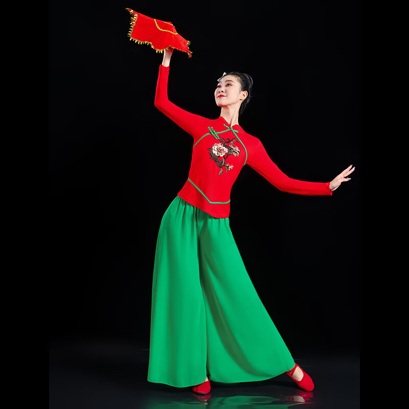 陸軍武新款秧歌服民族服裝古典舞蹈服裝中國風(fēng)套裝秧歌服廣場舞演出服 8059紅衣+8060綠褲 M
