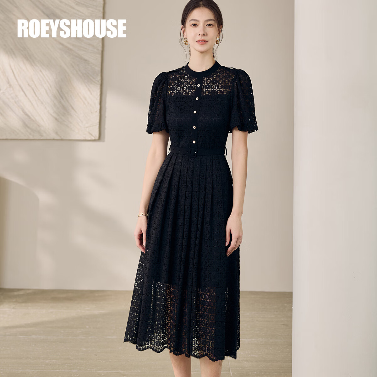 ROEYSHOUSE罗衣法式黑色蕾丝系带连衣裙2025夏季新款气质收腰大摆裙子11845 黑色 XL