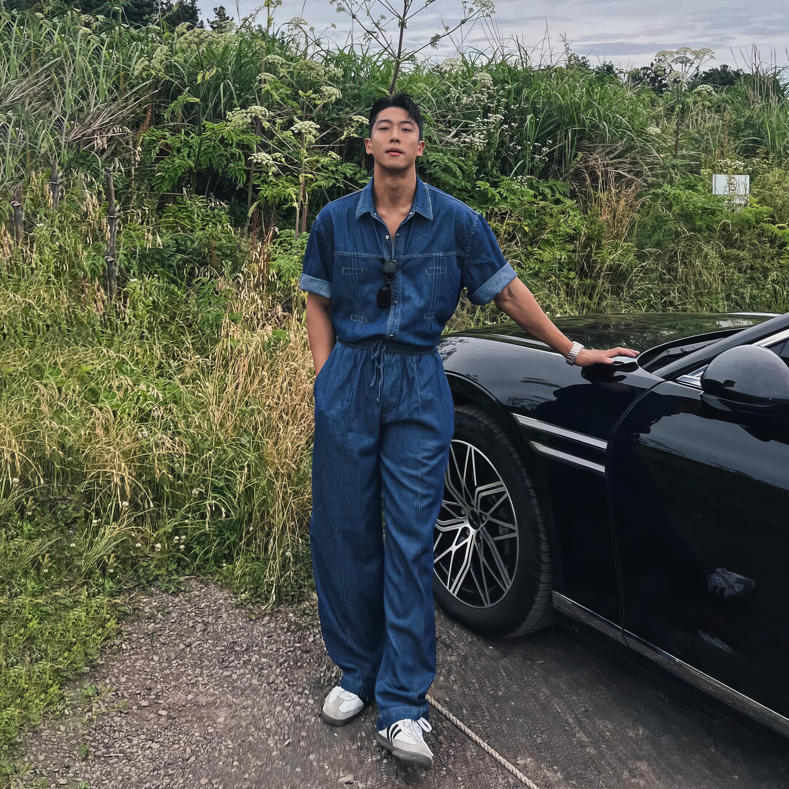 我是大卫蓝色翻领牛仔衬衫男士重工拼接水洗短袖外套出游穿穿搭工装套装 蓝色上衣 M