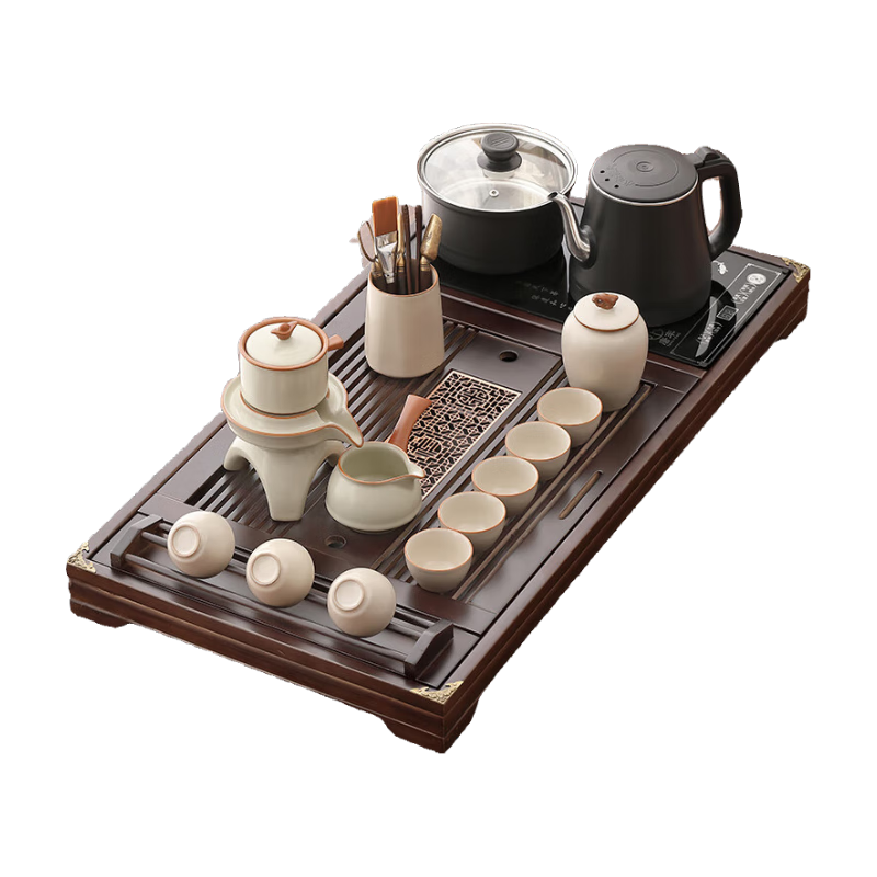 唐豐茶具整套家用高檔茶臺燒水壺一體式自動(dòng)上水茶盤(pán)陶瓷茶壺茶杯套裝 煙雨+底部上水+財源滾滾自動(dòng)12頭