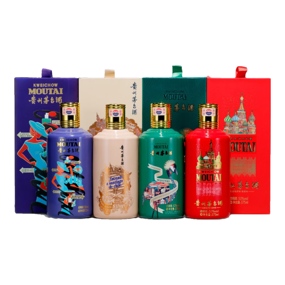 茅台（MOUTAI）走进四国750ml走进四国375ml走进澳非375ml 单瓶套装收藏摆柜送礼 375mL 走进四国套装*4瓶