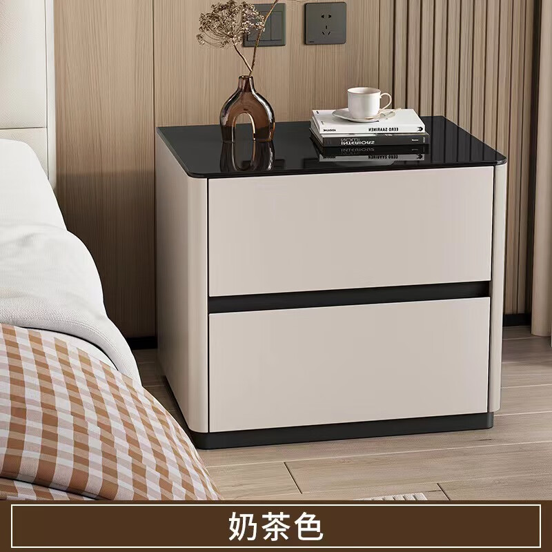 实木烤漆床头柜简约现代轻奢高级感卧室床边柜收纳柜钢化玻璃桌面 米白色【实木烤漆】 50x40x50cm