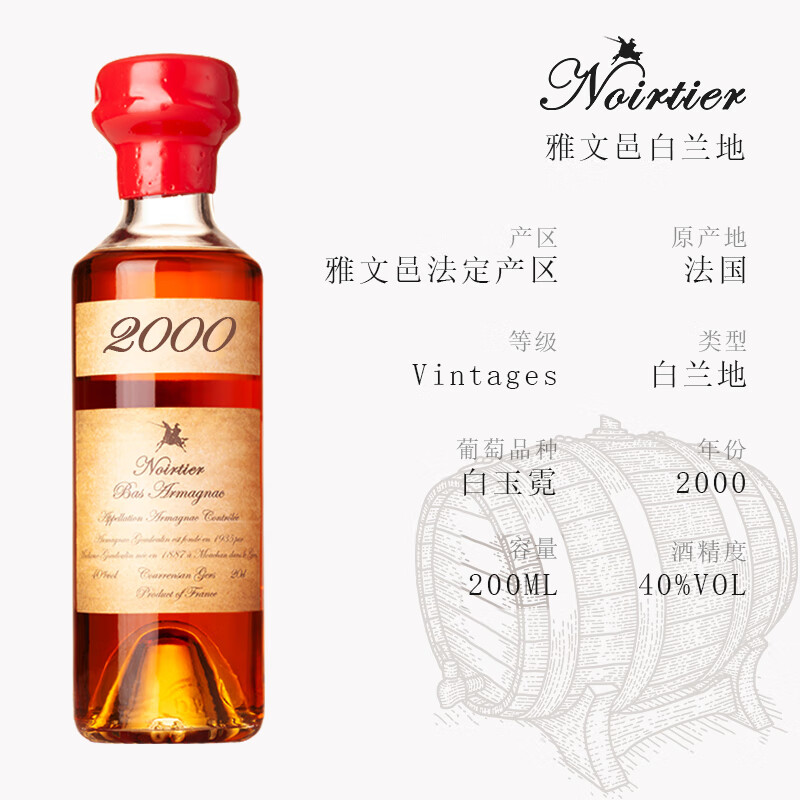 诺瓦迪1960-2009雅文邑生日年份酒法国原瓶进口白兰地老年份洋酒 2000年 200mL 1瓶 礼盒装 200ml雅文邑白兰地