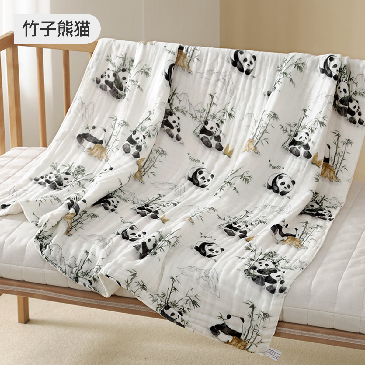 婧麒（JOYNCLEON）纱布婴儿浴巾春秋夏新生儿宝宝六层高密儿童全棉7A抗菌吸水包裹巾 竹子熊猫【全棉满印-7A抗菌】 110*110cm