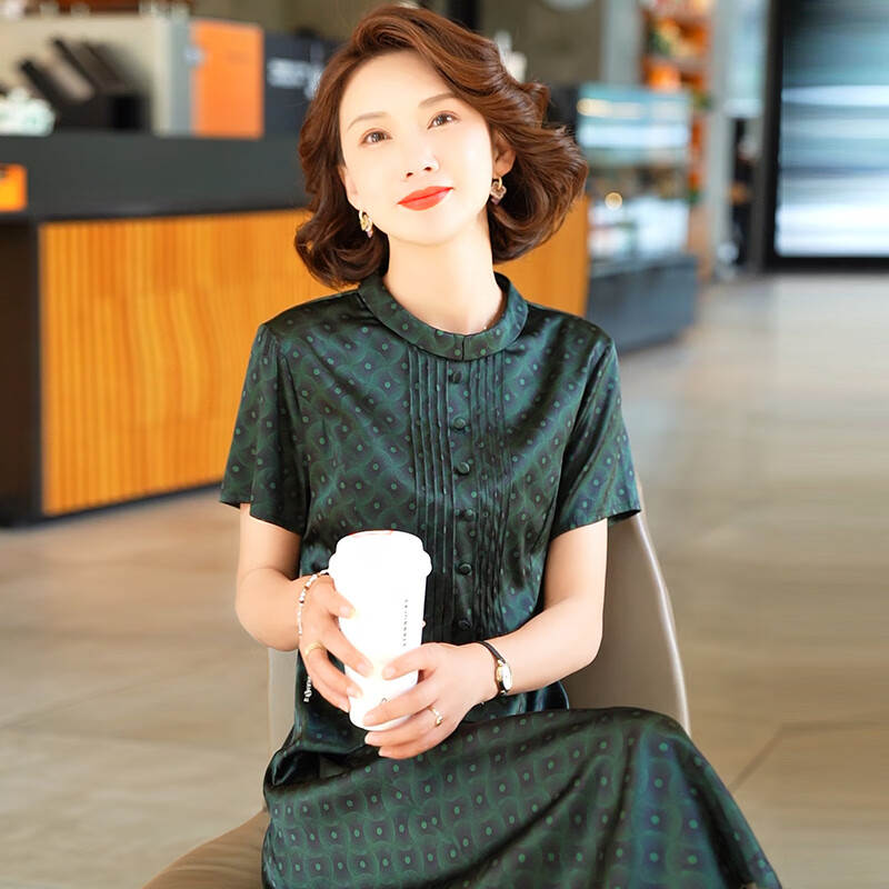 迪芬璐嘉2025夏季杭州大牌高端真絲桑蠶絲連衣裙女中年優(yōu)雅顯瘦氣質(zhì)長裙 綠色 XL /170（適合110-120斤左右）