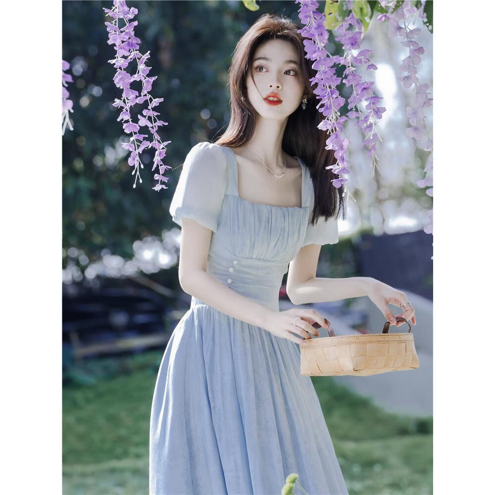 连衣裙夏天女2025年新款法式方领小众设计连衣裙2025新款女夏感蓝 蓝色 S