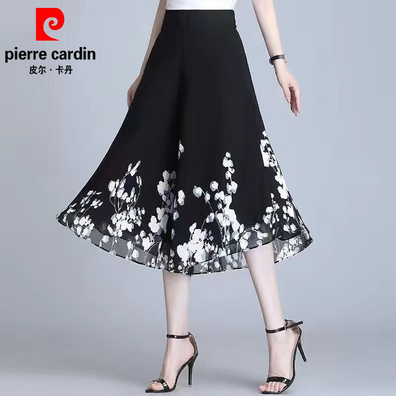 皮爾卡丹（pierre cardin）五分/七分雪紡短褲女夏季薄款中年媽媽裙褲廣場舞寬松a字褲裙 白花七分褲有口袋 M (建議85-100斤)