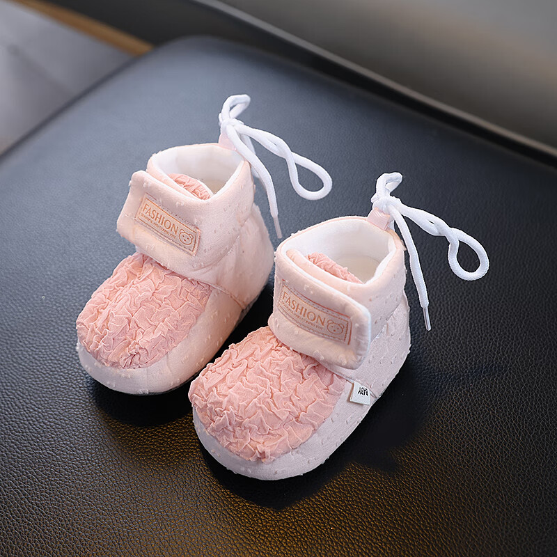 绿呗萌豆婴儿鞋绉布宝宝春秋学步鞋防滑不掉袜0-6-8月1岁男女小童外穿软底 粉色绉布贴标【春秋魔术贴LJ】 11 建议0-4个月