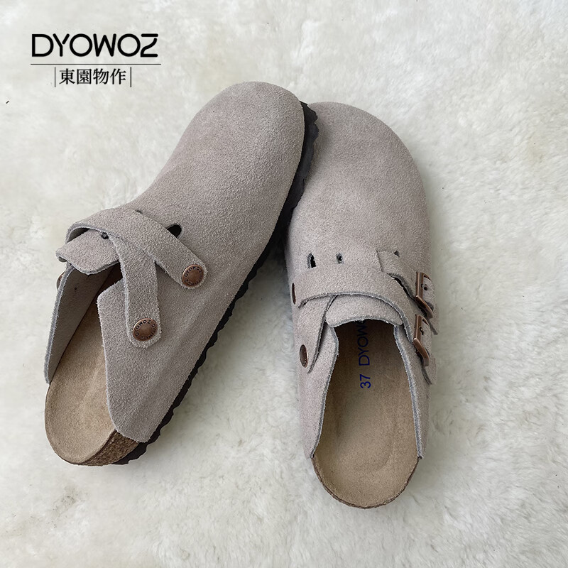 东园物作新款真皮软木包头拖鞋勃肯鞋女款交叉卡扣半包休闲百搭防滑外穿 浅灰色 35 正码