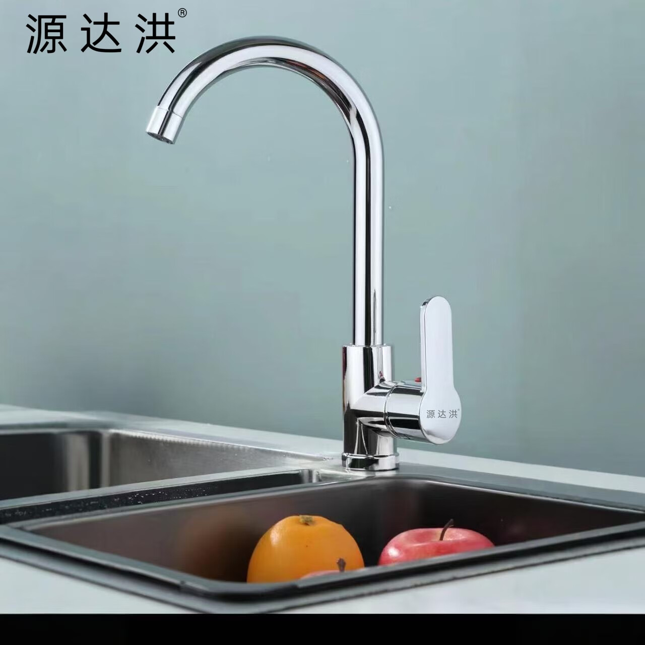 源达洪厨房水龙头304不锈钢锌合金洗菜盆360°旋转冷热双控龙头增压防溅 锌合金【亮银款】+60cm进水管