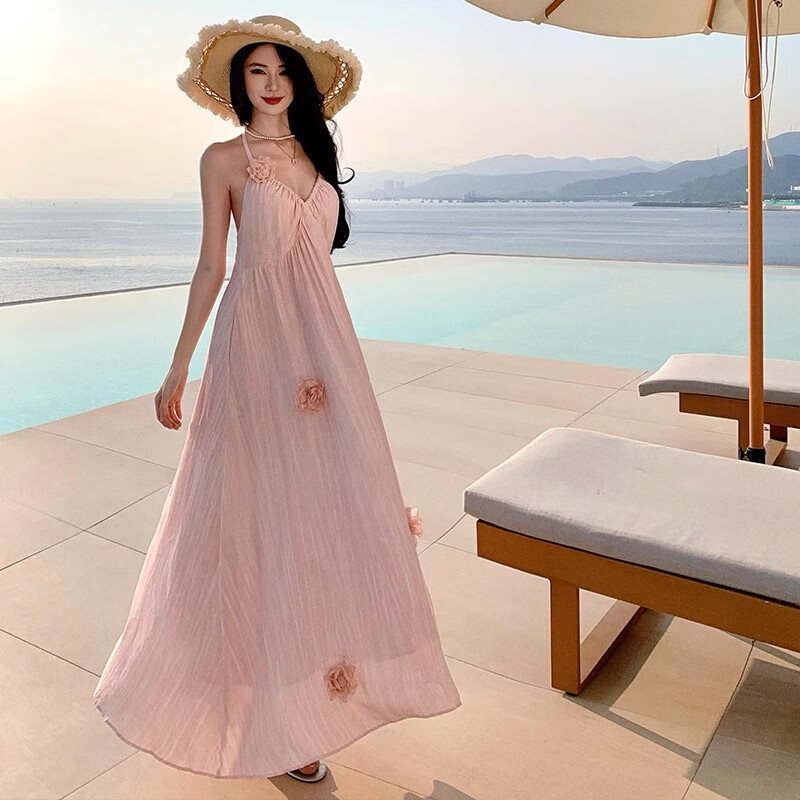 微光里2026夏季新海边度假风粉色花朵v领吊带连衣裙绝美仙女裙沙滩长裙 花朵吊带连衣裙粉色M码80-100斤