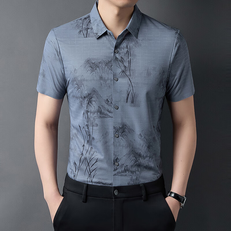 夢(mèng)特嬌（MONTAGUT）沙灘風(fēng)無縫短袖桑蠶.絲襯衣男潮流免燙襯衣印花寸衫 灰綠 M 165/48 建議100-120斤