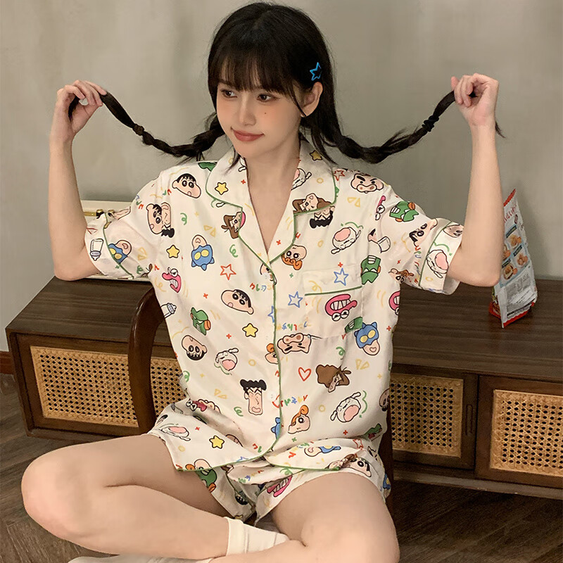 萧淑妃夏季卡通蜡笔小新带胸垫睡衣少女学生薄款冰丝短袖短裤家居服套装 蜡笔小新 M