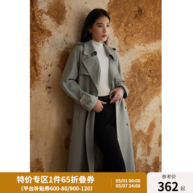 独束大码女装经典英伦风中长款风衣秋装新款微胖mm复古风气质外套 大象灰 L