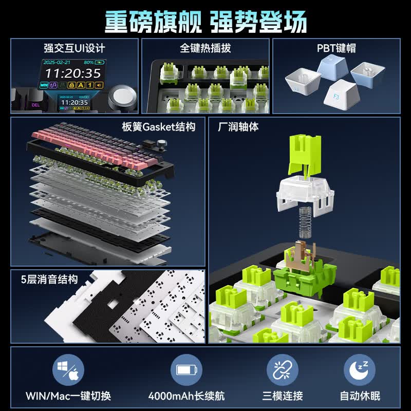 三巨SG99 Pro客制化三模机械键盘侧刻有线蓝牙游戏电竞办公电脑 gasket满填充全键热拔插带屏显-旋钮 SG99 pro- 幽谷之春【魔器轴】