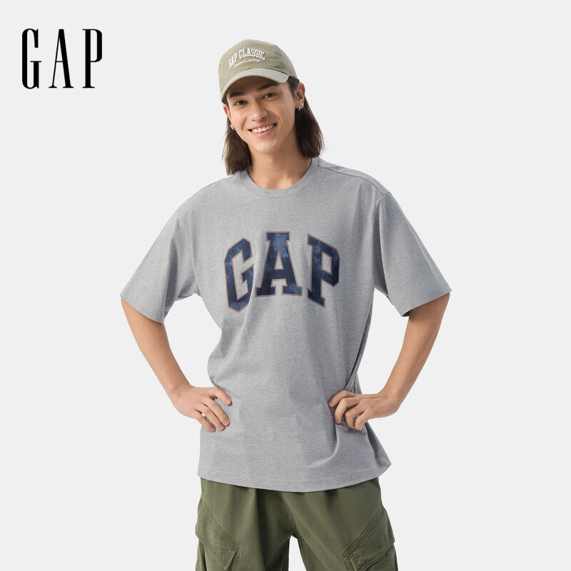 GAP男女装夏季款胶印大logo纯棉短袖T恤百搭宽松上衣729356 灰色 S (165/88A) 亚洲尺码