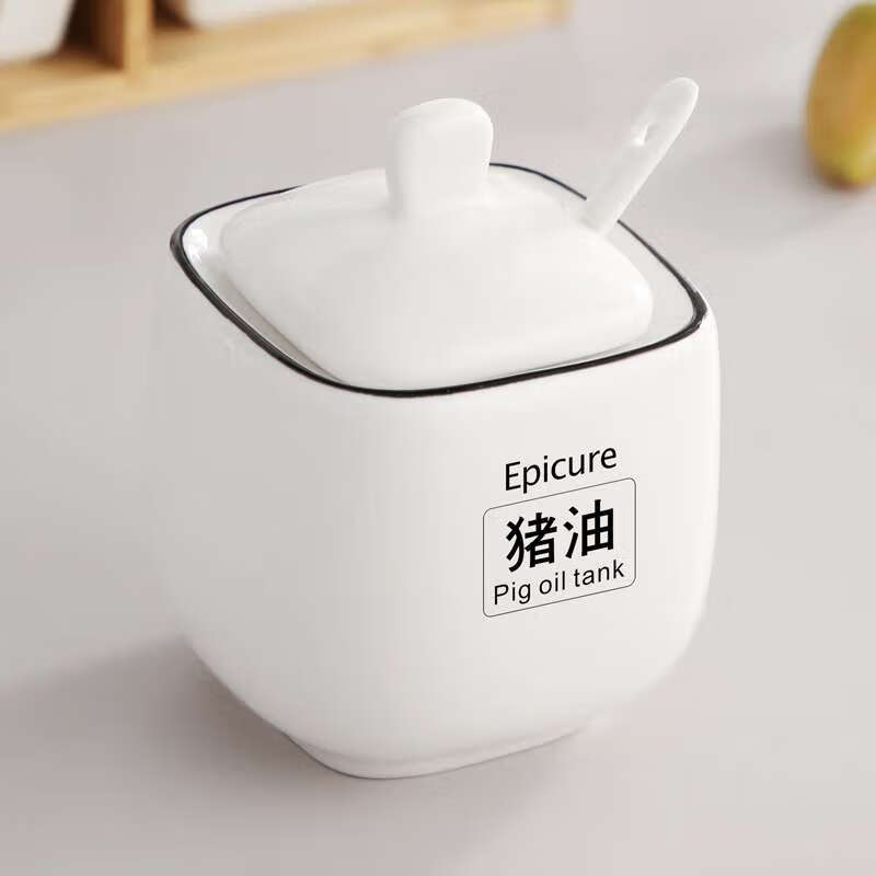 HX家用耐高温陶瓷猪油罐厨房红油罐子油泼辣子罐辣椒罐荤油罐装油 黑线方罐大中小各1个