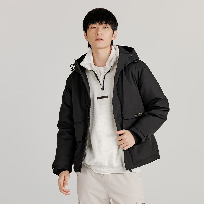 千仞岗秋冬季工装夹克羽绒服男士休闲运动连帽上衣简约防寒服保暖外套 魔力黑 L (170)