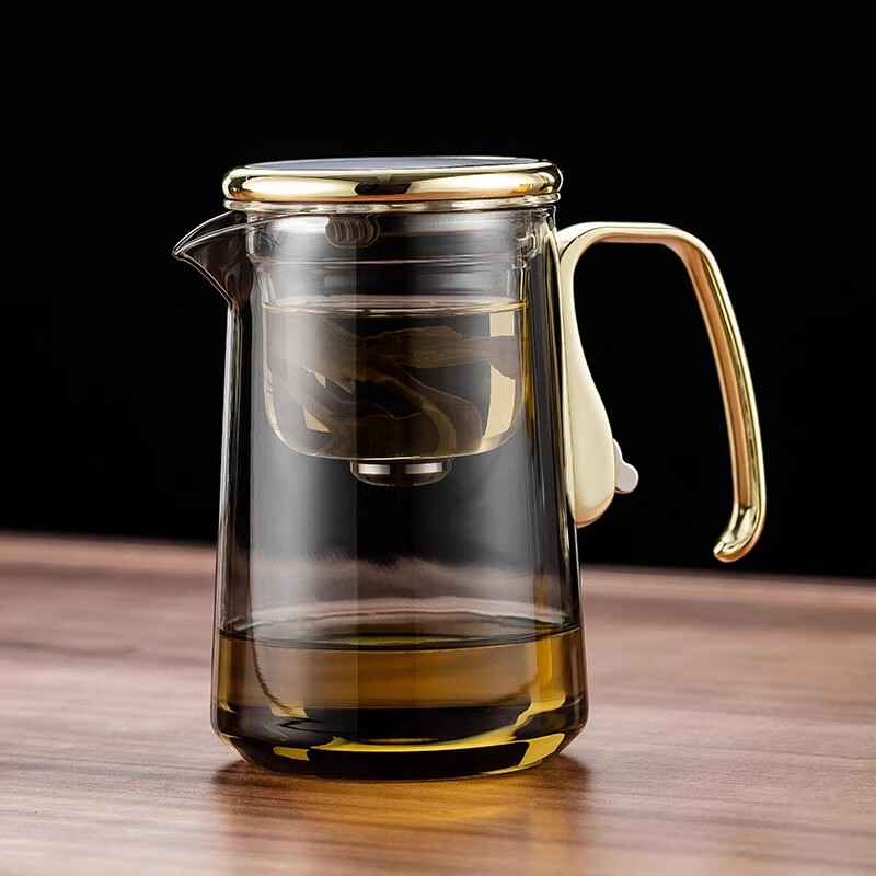 自像堂合金把飘逸杯泡茶壶一键过滤高档全玻璃内胆茶水分离杯内胆配件 鼓形合金飘逸杯【灰色550ml】