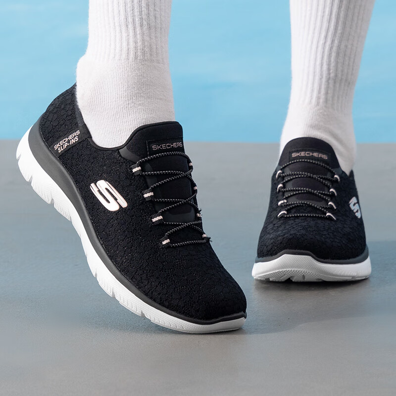 斯凯奇（Skechers）女鞋夏季2025新款软底网面鞋轻便休闲一脚蹬穿脱健步鞋老年妈妈鞋 黑色-BLK /闪穿科技 3