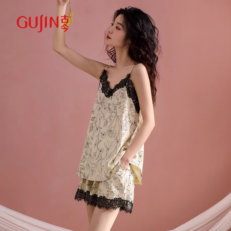 古今（GUJIN）夏季新品吊帶睡衣女士100%棉帶胸墊薄款性感蕾絲復(fù)古外穿家居服
