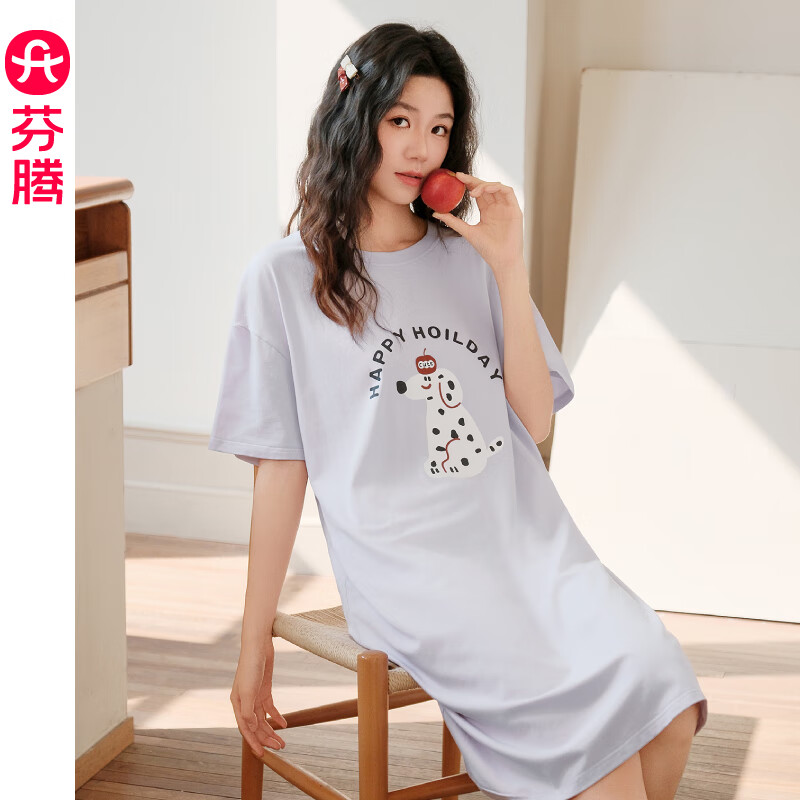 芬腾女士睡裙夏季纯棉短袖薄款睡衣裙大码夏天可爱休闲家居服中裙 紫色 M 建议：90-110斤