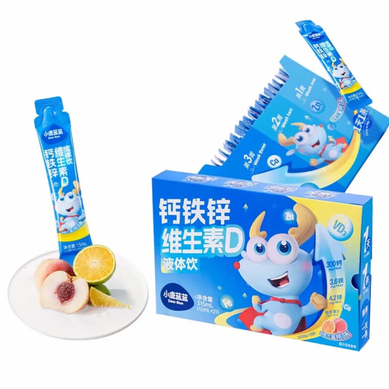 小鹿蓝蓝小鹿蓝蓝钙铁锌维D液体饮甜橙水蜜桃味vd钙铁锌碳酸钙315ml 3盒装