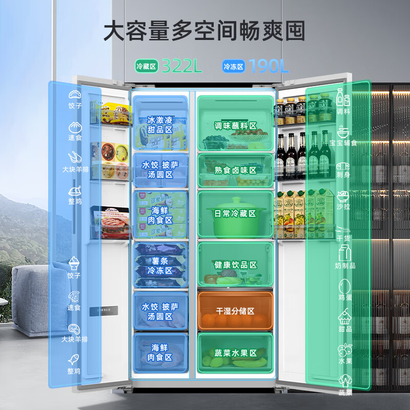 长虹CHiQ系列AI智能保鲜512升双开门对开两门冰箱超薄零嵌入风冷无霜一级能效家用电冰箱 BCD-512WKPUCZH云脂白+AI智能保鲜
