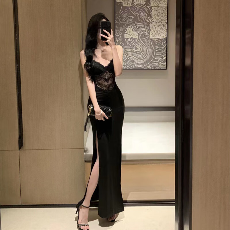 憶靜萱（YIJINGXUAN）夜店黑色蕾絲拼接開叉性感包臀收腰晚禮服裙帶胸墊吊帶裙連衣裙子 黑色 M 95-105