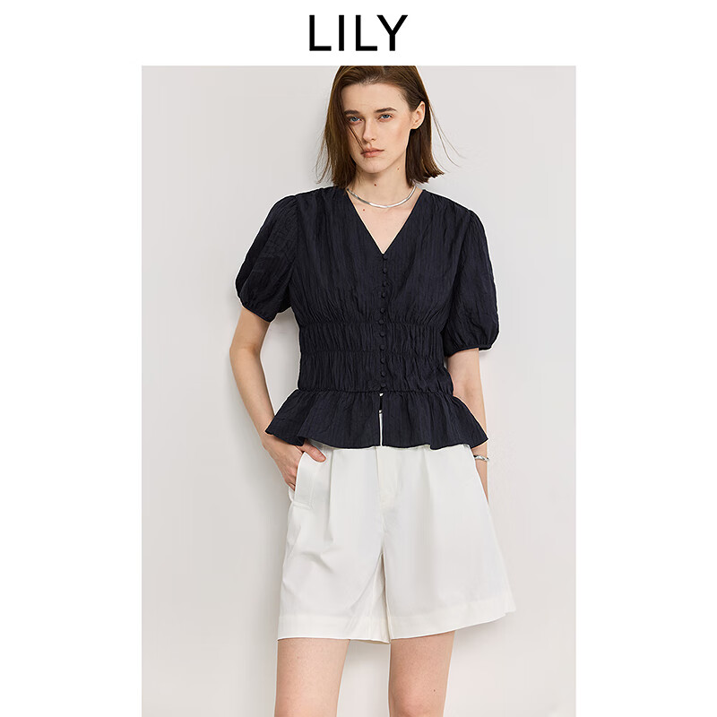 LILY2025夏新款女装法式浪漫V领收腰休闲百搭通勤泡泡袖短袖衬衫 411藏青 M