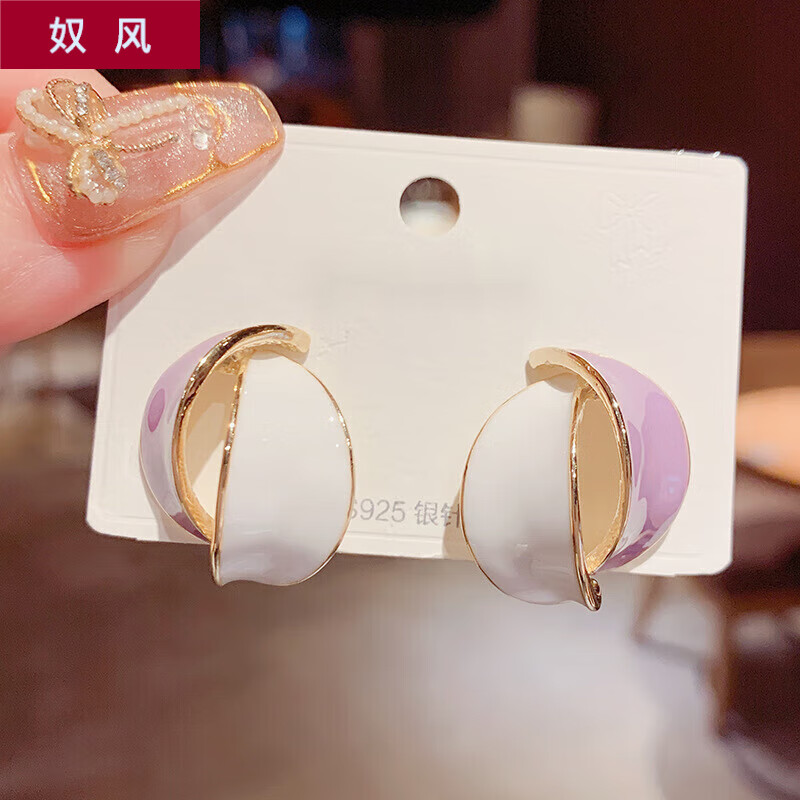 奴风韩式小清新滴油撞色几何立体耳钉新款个性百搭925银针耳饰 香芋紫保色金款