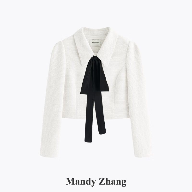 Mandy Zhang白月光氣質(zhì)千金風(fēng)花紗小香風(fēng)外套女春白色高級短外套 珍珠白-短外套 附可拆卸飄帶 L