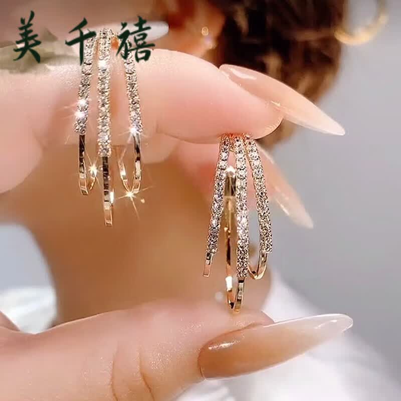 美千禧银耳环9999纯银2026年新款潮三生三世耳圈耳环气质百搭法式耳扣轻 金色 三世三生耳圈