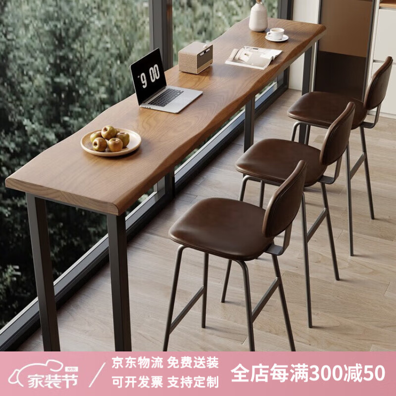 雁雨南書簡約實木吧臺桌家用陽臺靠窗長條桌奶茶店咖啡廳休閑高腳桌椅組合 組合：160cm桌+3椅