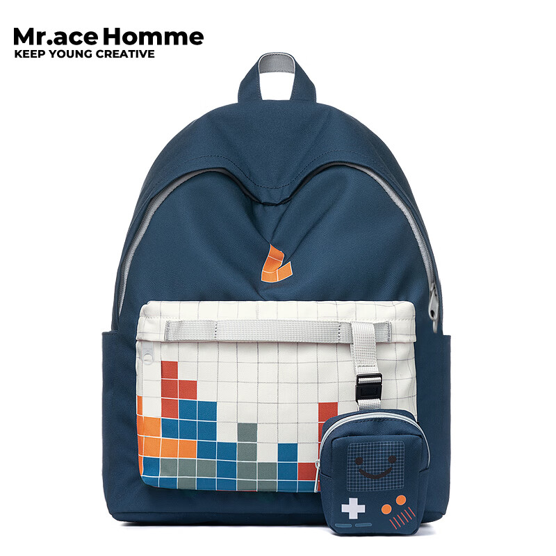 Mr.ace Homme雙肩包女韓版潮簡約日系書包大容量原宿印花大容量旅行背包男 白色拼黛藍(lán)色