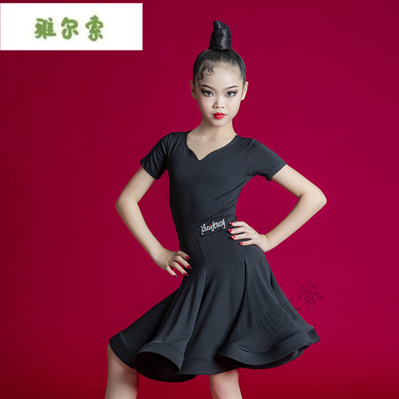 雅尔索女童拉丁舞服装儿童比赛考级服拉丁舞裙少儿舞蹈练功服演出服 黑色桃心领短袖套装 收藏加够优 110