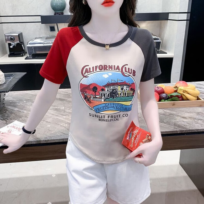 她风采女士T恤短袖夏季新款修身显瘦插肩袖拼色体恤短款上衣洋气小衫ins 杏色 S