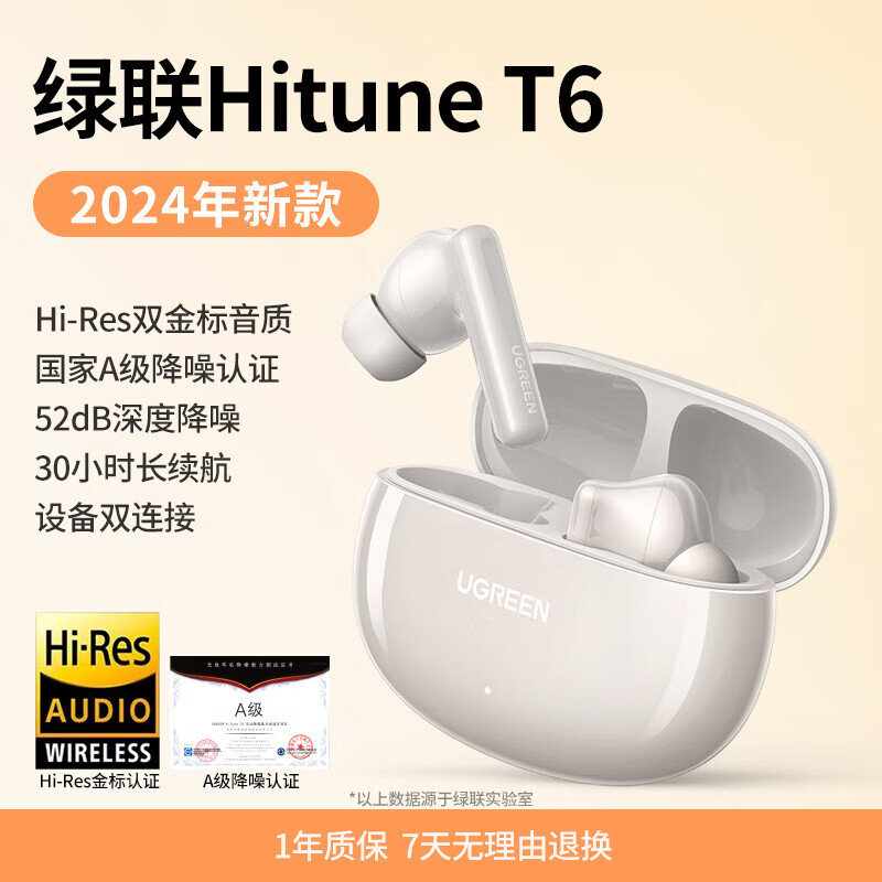 绿联T6 Magic入耳式智能触控屏蓝牙耳机主动降噪耳机金标认证长续航 蓝牙5.4适用苹果华为小米WS211 钛原色T6真无线蓝牙耳机