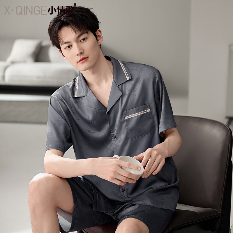 小情歌新款送男友冰絲睡衣男短袖短褲夏季家居服夏天體閑高級(jí)感套裝 LJF4815 男裝 M 男高165-170，重110-120斤