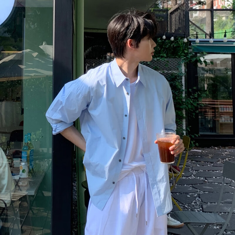 CUCHOHOMME浅蓝色夏季薄款男士衬衫长袖防晒韩版潮宽松落肩男款衬衣前短后长 浅蓝色 XL