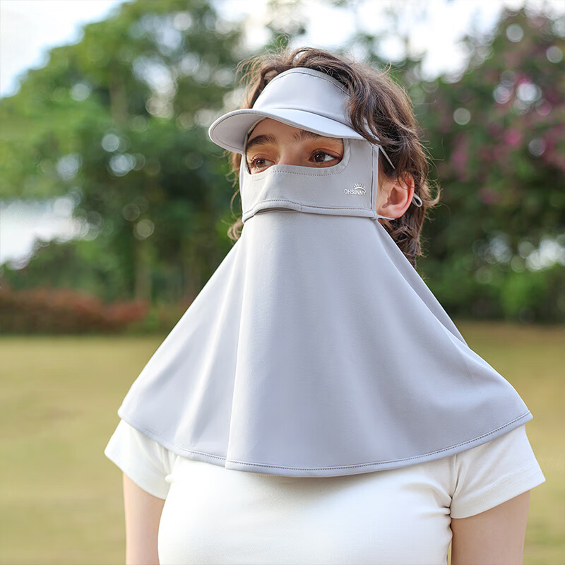 OhSunny帽檐防晒面罩女防紫外线夏季全脸透气加长护颈护肩 云霜灰